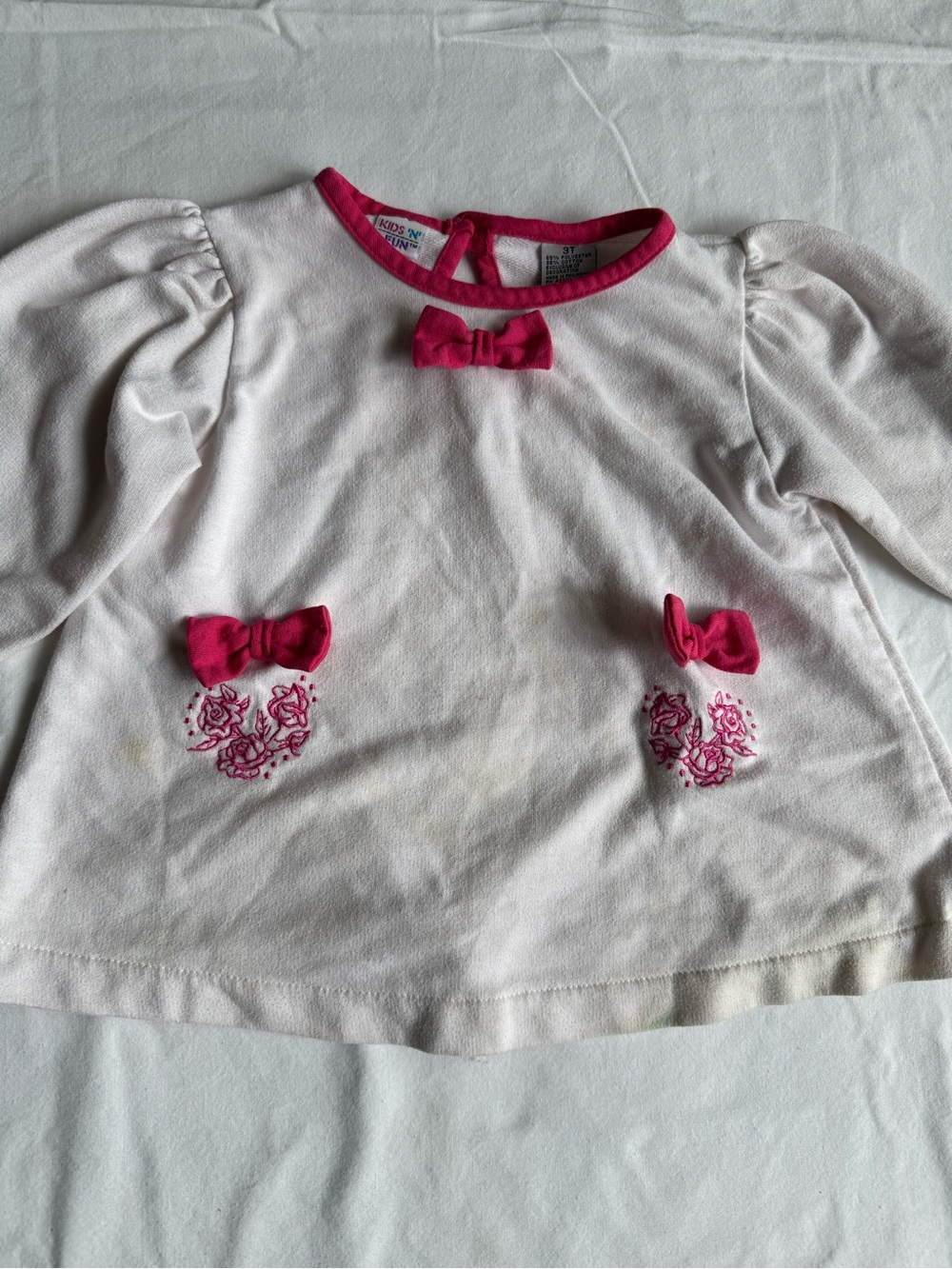 Vintage 90s Girls White Long-Sleeve Top with Pink Trim & Bows